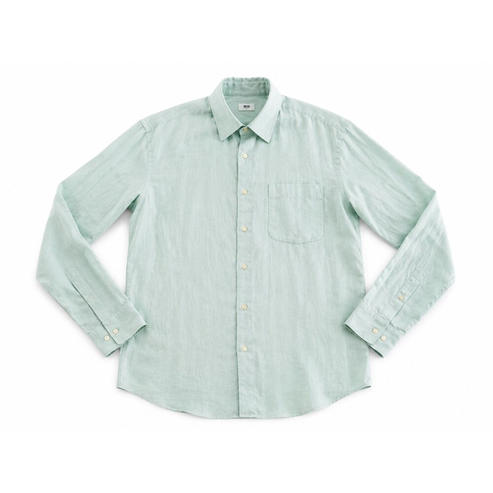 Uniqlo Mens Premium Linen Long Sleeve Button Down Shirt Mint Green Sz Medium